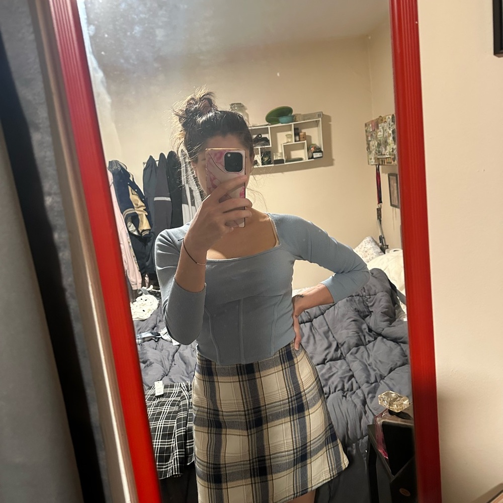 Francesca's Collections Blue and Cream Plaid A-Line Skirt